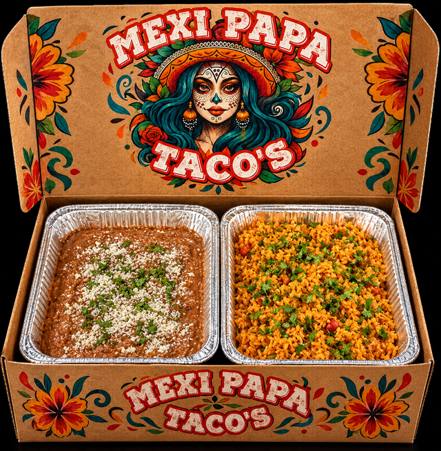 RICE AND REFRIED BEANS PLATTER.
