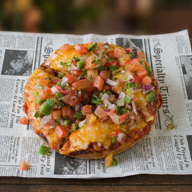 A cheesy bagel pizza topped with diced tomatoes, green peppers, and onions, served on newspaper.