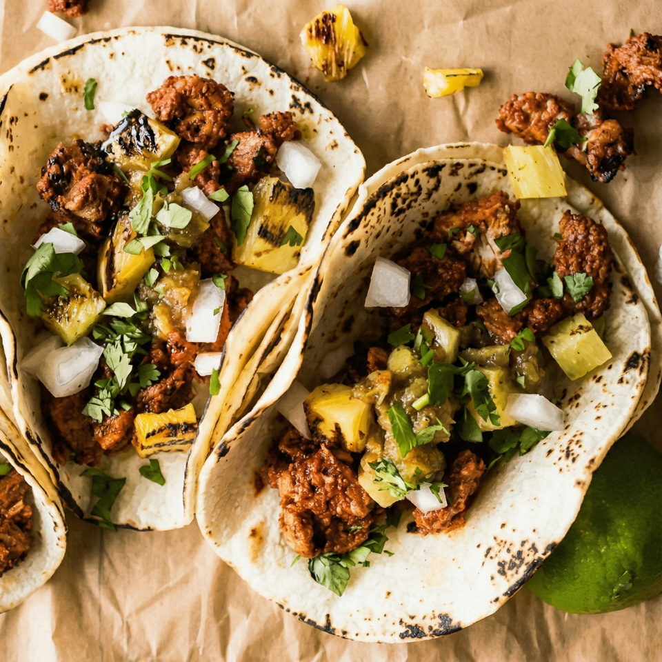 Three al pastor tacos with grilled pineapple, onions, and cilantro on a brown paper background.